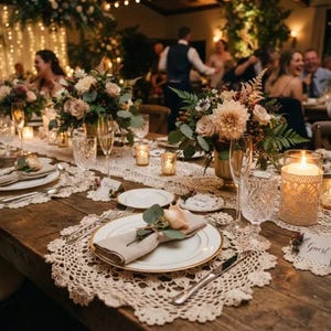 May include: A rustic wooden dining table set for a formal event with white plates featuring gold rims, beige cloth napkins topped with single peach roses, cream-colored lace doilies, crystal glassware, and floral centerpieces with lit candles.