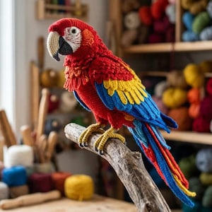 Può includere: Un pappagallo ara realizzato all'uncinetto a mano con piumaggio in filato rosso, giallo e blu vivace. L'uccello presenta una macchia bianca sul viso, un becco curvo beige e nero e zampe gialle testurizzate su un pezzo di legno.