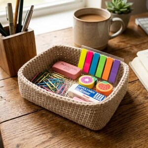 May include: A square, beige crocheted basket containing various office supplies, including a pink eraser, a white Pentel Hi-Polymer eraser, colorful paper clips, two fruit-shaped erasers, and a set of six neon adhesive page marker tabs.