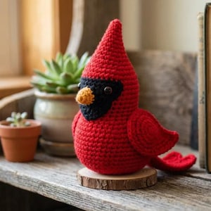 May include: A crocheted cardinal bird figurine featuring a bright red body, a black face mask, and a small orange beak. The bird is perched on a circular wooden base, showcasing a textured yarn construction with a pointed crest on its head.