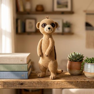 Pode incluir: Uma figura de suricata em crochê bege em pé, com manchas castanho-escuras ao redor dos olhos, um pequeno nariz preto e um tufo de pelo na cabeça. O bicho de pelúcia apresenta uma superfície de fio texturizado e uma postura ereta.