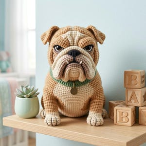 Puede incluir: Una figura de bulldog tejida a ganchillo en tonos bronceado, marrón y crema con un collar verde y una pequeña etiqueta circular. El animal de peluche se sienta en un estante de madera junto a una pequeña suculenta verde y cuatro bloques.