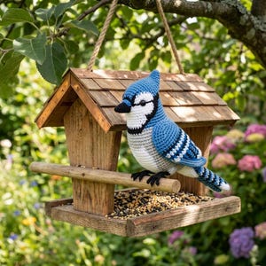 May include: A crocheted blue jay figurine with blue, white, and black yarn, perched on a wooden bird feeder. The bird has a crested head, black beak, and black feet. The feeder features a shingled roof, a central perch, and a base filled with seeds.