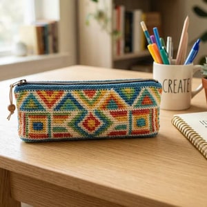 May include: A rectangular crochet pencil case featuring a vibrant geometric pattern in shades of blue, yellow, orange, and red. The case has a dark blue zipper closure with a small wooden bead pull attached to the metal zipper slider.