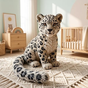 Könnte beinhalten: Ein handgefertigtes Häkel-Leoparden-Stofftier mit cremefarbenem Körper, markanten schwarzen Flecken, großen braunen Augen und einem langen, geringelten Schwanz. Das Stofftier sitzt aufrecht und zeigt detaillierte Garnstiche sowie eine weiche Textur.