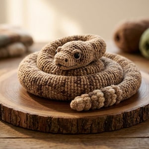 Pode incluir: Uma cobra cascavel de crochê enrolada em tons de marrom e bege. A cobra apresenta uma superfície de fio texturizado, olhos redondos escuros e um chocalho segmentado na ponta da cauda. É feita com pontos complexos para um visual detalhado.