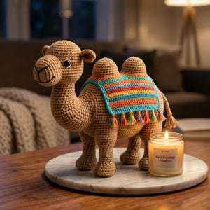 May include: A tan crocheted camel stuffed animal featuring a two-humped back covered by a colorful striped blanket with teal trim and small tassels. The camel has dark eyes and a stitched mouth. A lit candle in a glass jar sits next to the camel.