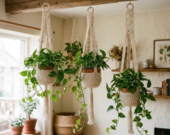 May include: Three off-white crocheted plant hangers suspended from a wooden beam, each holding a terracotta pot with a lush green pothos plant. The hangers feature intricate knot patterns, wooden rings at the top, and long tassels.