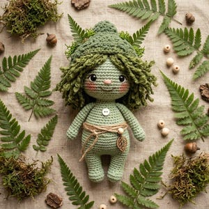 May include: A handmade crochet doll in shades of green, adorned with a leafy hat and curly hair. The doll is accessorized with a button and a leaf charm. Ferns, moss, acorns, and wooden beads surround the doll, creating a natural, whimsical scene.