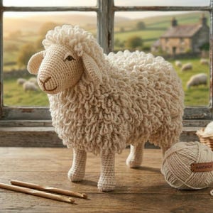May include: A cream-colored crocheted sheep figurine with a textured, curly wool body and smooth face. Beside the sheep sits a ball of matching yarn with a brown tag labeled HANDMADE and two wooden crochet hooks resting on the surface.