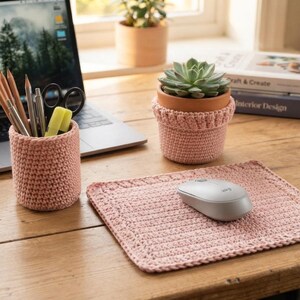 Crochet Desk Set Pattern PDF: Blush Pink Pencil Cup, Plant Pot Cozy & Mouse Pad | Modern Office Decor | Easy Beginner Crochet Pattern
