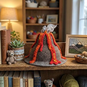 May include: A brown crocheted volcano hat featuring bright orange and red yarn lava flowing down the sides and a tuft of white yarn smoke at the top. The hat has a wide brim and a textured surface, mimicking the appearance of a mountain peak.