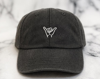 Hang Loose Hat | Shaka Aloha Mahalo Embroidered Hat | Thick Cotton Hat with Leather Strap and Brass Buckle