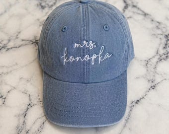 Embroidered Last Name Hat with leather strap and brass buckle