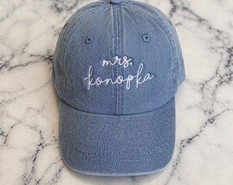 Embroidered Last Name Hat with leather strap and brass buckle