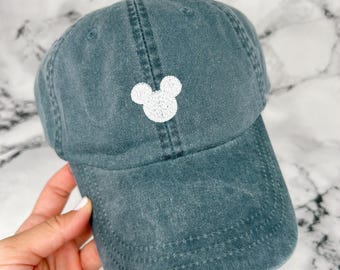 Embroidered Mouse Hat | Disney Mickey or Minnie Hat | Custom Embroidered Hat | Thick Cotton Hat with Leather Strap and Brass Buckle