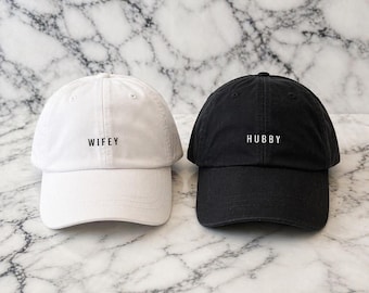 Hubby or Wifey Hat | Custom Embroidered Hat | Thick Cotton Hat with Leather Strap and Brass Buckle