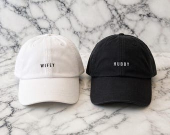 Hubby or Wifey Hat | Custom Embroidered Hat | Thick Cotton Hat with Leather Strap and Brass Buckle