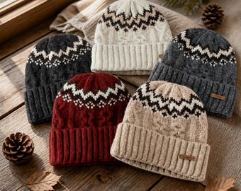 Fair Isle Beanie, Cable Knit Winter Hat, Nordic Pattern Cuffed Beanie, Cozy Chunky Knit Cap, Retro Ski Lodge Hat, Warm Winter Gift