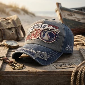 Vintage Shark Baseball Cap, Distressed Embroidered Patch Hat, Washed Adjustable Dad Cap, Unisex Streetwear Gift