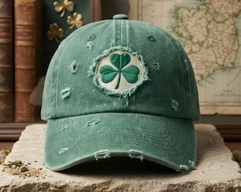 Irish Shamrock Hat, Distressed Lucky Clover Embroidered Cap, St Patrick's Day Baseball Hat, Vintage Green Dad Hat, Irish Gift