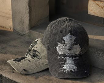 Grunge Distressed Baseball Cap, Washed Graffiti Dad Hat with Metal Rings, Y2K Streetwear Cap, Punk Aesthetic Hat, Unisex Vintage Cap