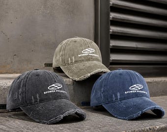 Vintage Distressed Embroidered Hat, Washed Dad Cap, Ripped Baseball Cap, Grunge Streetwear Hat, Adjustable Unisex Casual Cap