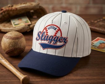 Little Slugger Baseball Cap, Embroidered Kids Sports Hat, Pinstripe Youth Ball Cap, Baseball Gift for Boy, Toddler Team Hat