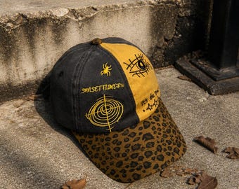 Patchwork Leopard Brim Baseball Cap, Embroidered Graphic Dad Hat, Grunge Streetwear Cap, Unisex Adjustable Hat, Y2K Gift