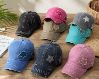 Distressed Star Baseball Cap, Washed Vintage Dad Hat, Cute Y2K Star Cap, Trendy Women’s Hat, Casual Gift for Her