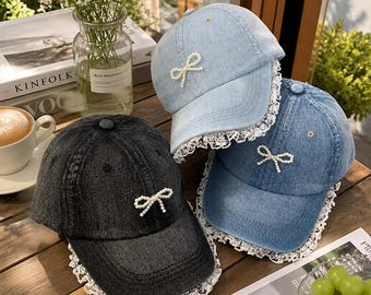Pearl Bow Denim Baseball Cap, Lace Brim Coquette Hat, Washed Denim Dad Hat for Women, Cute Girly Bow Cap, Coquette Gift for Her