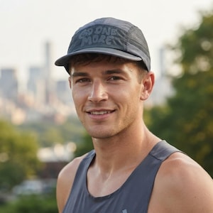 May include: A dark gray five-panel athletic cap featuring a flat brim and mesh side panels. The front of the cap displays the text "GO ONE MORE" in a bold, dark gray font. The cap is constructed from a lightweight, moisture-wicking fabric.