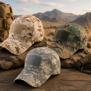 May include: Three baseball caps featuring digital camouflage patterns in tan, green, and gray. Each cap has a solid-colored rectangular hook-and-loop patch panel on the front crown, a curved brim, and a structured six-panel design for outdoor use.