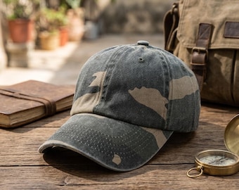 Vintage Camo Baseball Cap, Washed Camouflage Dad Hat, Adjustable Army Green Cap, Unisex Outdoor Hunting Hat