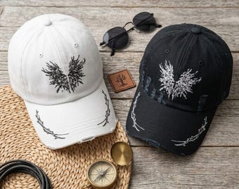 Vintage Angel Wings Embroidered Baseball Cap, Distressed Dad Hat, Gothic Streetwear Cap, Adjustable Cotton Hat, Y2K Grunge Cap