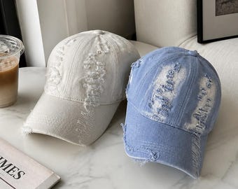 Distressed Baseball Cap, Vintage Washed Dad Hat, Ripped Frayed Grunge Hat, Unisex Streetwear Cap, Y2K Casual Hat