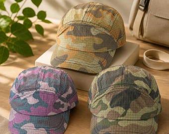 Camo 5 Panel Hat, Lightweight Outdoor Camp Cap, Adjustable Tactical Baseball Cap, Unisex Hiking Running Sun Hat, Green Purple Khaki