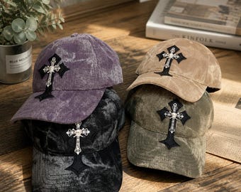 Gothic Cross Baseball Cap, Washed Vintage Dad Hat, Y2K Grunge Cross Hat, Punk Streetwear Cap, Unisex Alternative Christian Hat