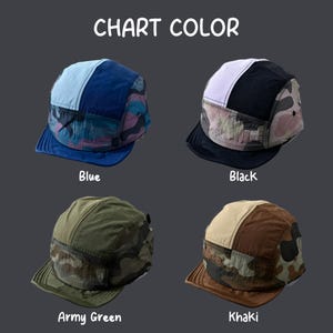 May include: Four five-panel caps labelled CHART COLOR. The blue cap features light blue, dark blue, and blue camouflage panels. The black cap has white, black, and grey camouflage. The army green cap is olive green with camouflage. The khaki cap is tan and brown.