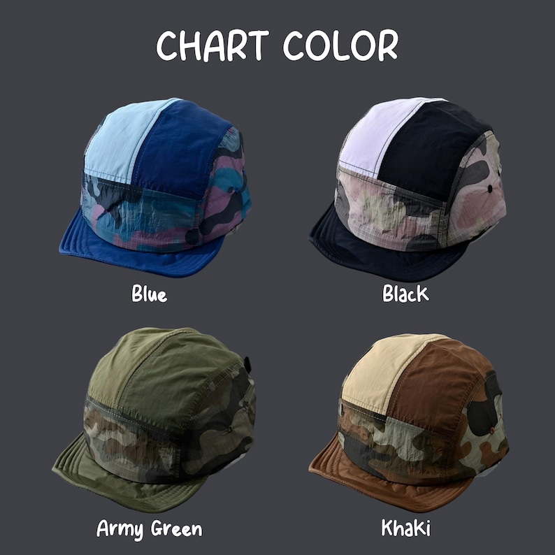 May include: Four five-panel caps labelled CHART COLOR. The blue cap features light blue, dark blue, and blue camouflage panels. The black cap has white, black, and grey camouflage. The army green cap is olive green with camouflage. The khaki cap is tan and brown.