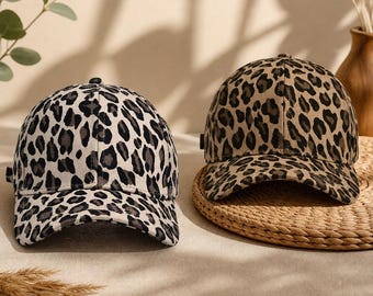 Leopard Print Baseball Cap, Adjustable Cotton Dad Hat, Animal Print Cap, Beige Brown Leopard Hat, Casual Unisex Hat for Women Men