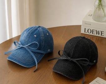 Bow Denim Baseball Cap, Coquette Ribbon Hat, Washed Denim Dad Hat, Cute Women's Cap, Y2K Aesthetic Hat, Girly Gift