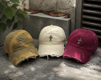 Vintage Distressed Cross Baseball Cap, Washed Cotton Dad Hat, Christian Cross Hat, Gothic Streetwear Cap, Unisex Religious Gift