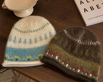 Fuzzy Knit Beanie, Fair Isle Winter Hat, Nordic Pattern Beanie, Cozy Soft Knit Cap, Retro Ski Hat, Warm Winter Accessory for Women