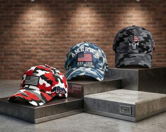American Flag Camo Baseball Cap, Embroidered Skull Tactical Hat, Patriotic USA Adjustable Dad Hat, Veteran Gift for Him