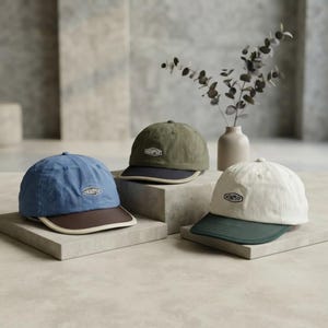 May include: Three baseball caps with six-panel construction and curved brims. One is blue with a brown brim, one is olive green with a dark brim, and one is off-white with a dark green brim. Each cap features a small oval patch with the text MEMPHIS.