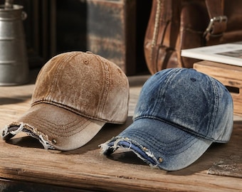 Vintage Washed Baseball Cap, Distressed Dad Hat, Studded Ripped Brim Cap, Retro Unisex Adjustable Hat, Casual Streetwear Cap