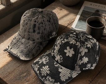 Distressed Washed Baseball Cap, Floral Print Dad Hat, Vintage Grunge Cap, Adjustable Unisex Hat, Casual Streetwear Gift