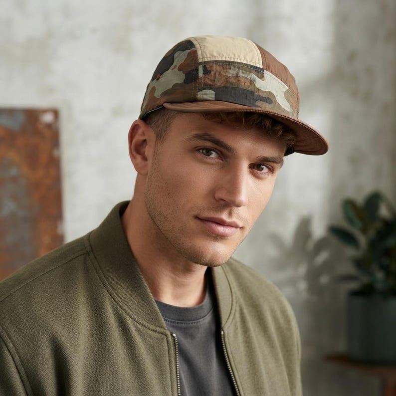May include: A five-panel cap featuring a multi-coloured camouflage pattern in shades of brown, green, and tan. The hat has a structured crown with a solid tan top panel and a flat, brown brim. The design includes stitched seams and a fabric construction.