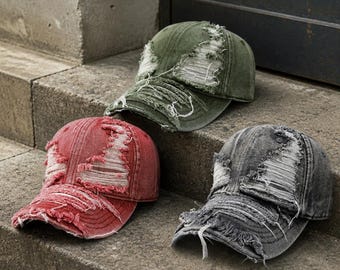 Distressed Baseball Cap, Vintage Washed Dad Hat, Ripped Frayed Brim Cap, Grunge Y2K Streetwear Hat, Adjustable Unisex Casual Cap